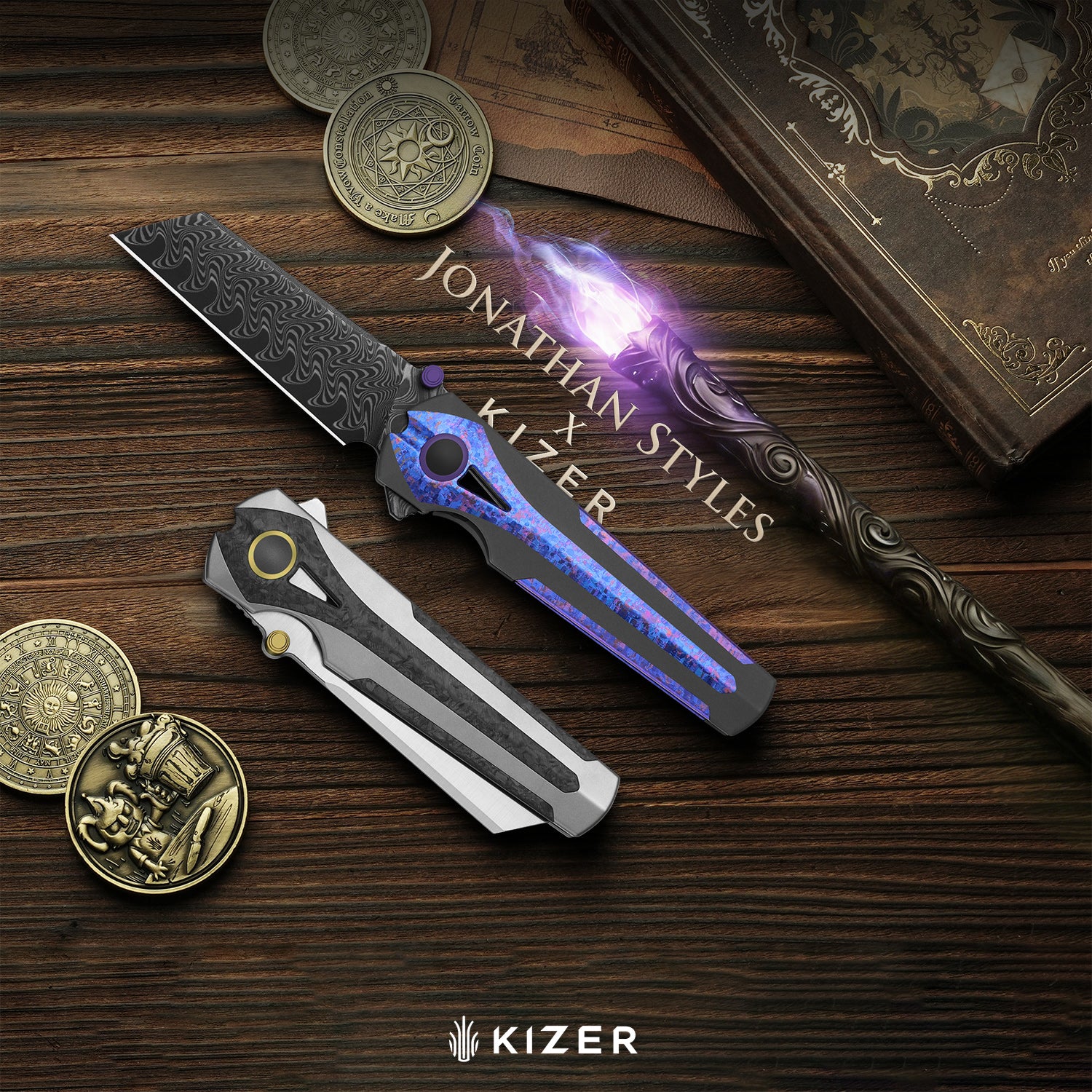 Staff | Frame Lock | Damascus | Titanium & Crystallized Titanium | Acid-Washed Finish |  KizerB™ 3795A1