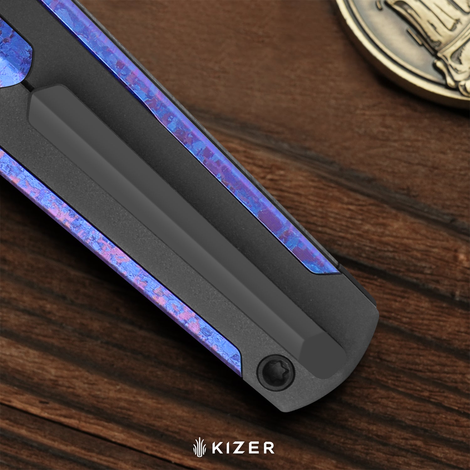 Staff | Frame Lock | Damascus | Titanium & Crystallized Titanium | Acid-Washed Finish |  KizerB™ 3795A1