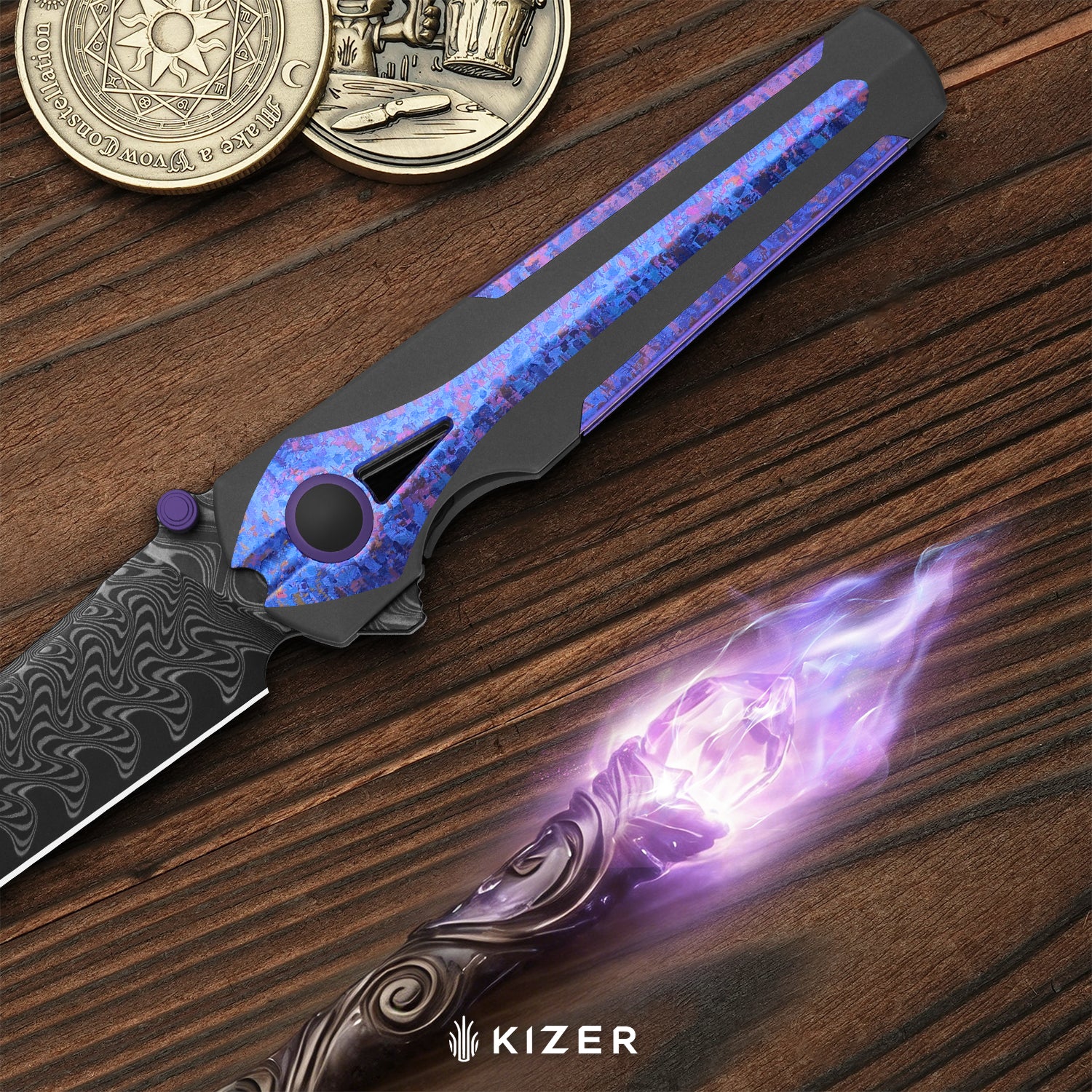 Staff | Frame Lock | Damascus | Titanium & Crystallized Titanium | Acid-Washed Finish |  KizerB™ 3795A1