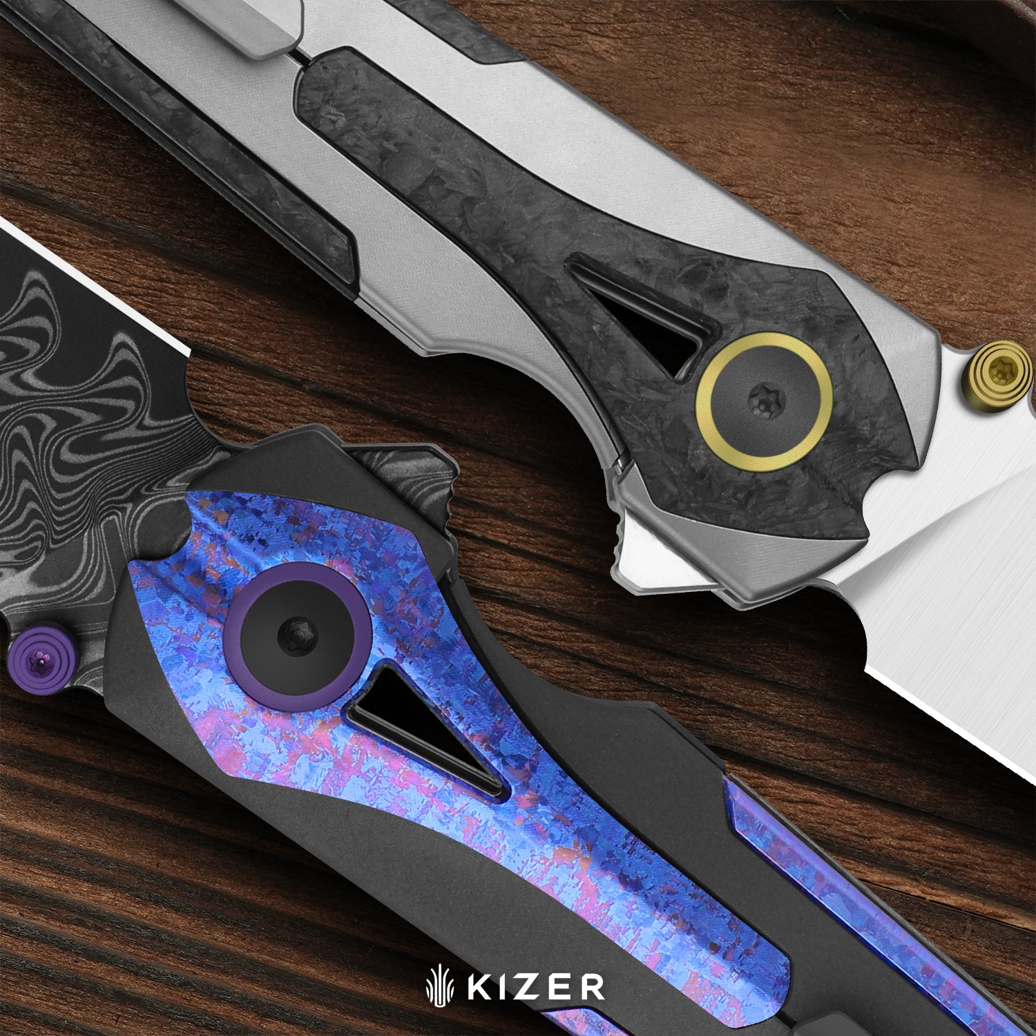 Staff | Frame Lock | Damascus | Titanium & Crystallized Titanium | Acid-Washed Finish |  KizerB™ 3795A1