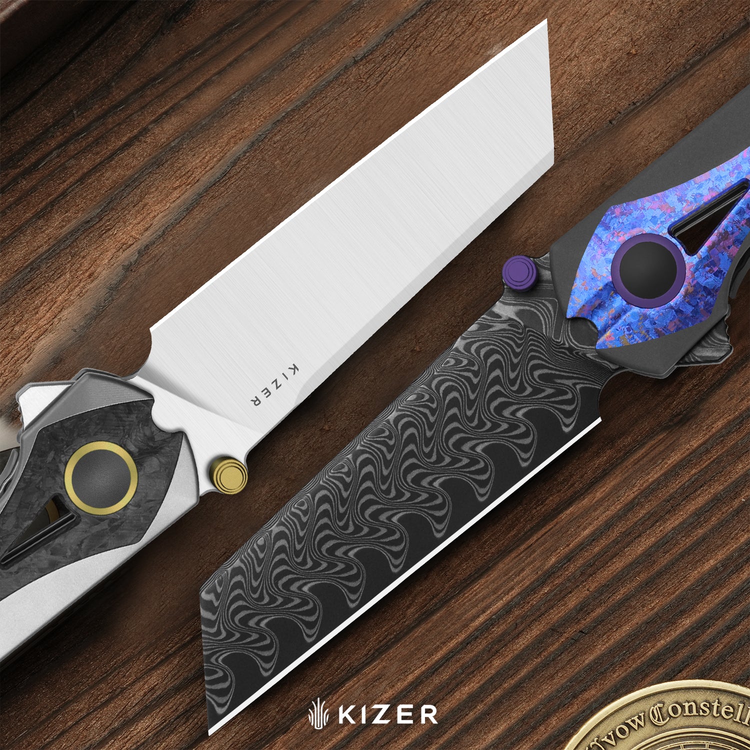 Staff | Frame Lock | Damascus | Titanium & Crystallized Titanium | Acid-Washed Finish |  KizerB™ 3795A1