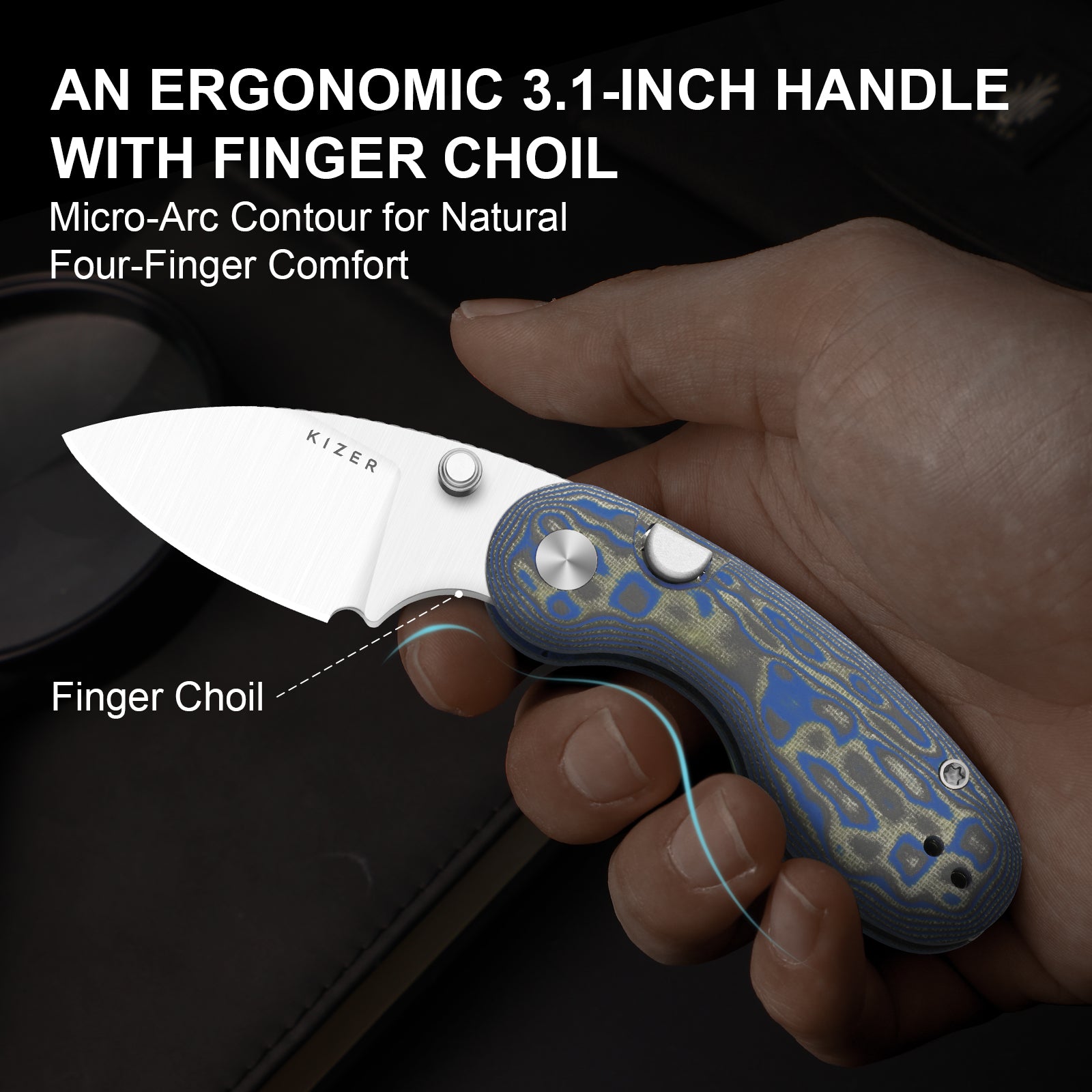 Microbe™ | Kizer Button Liner Lock™ | Micarta With Vortex Pattern | 14C28N | KizerV™ 2742A6