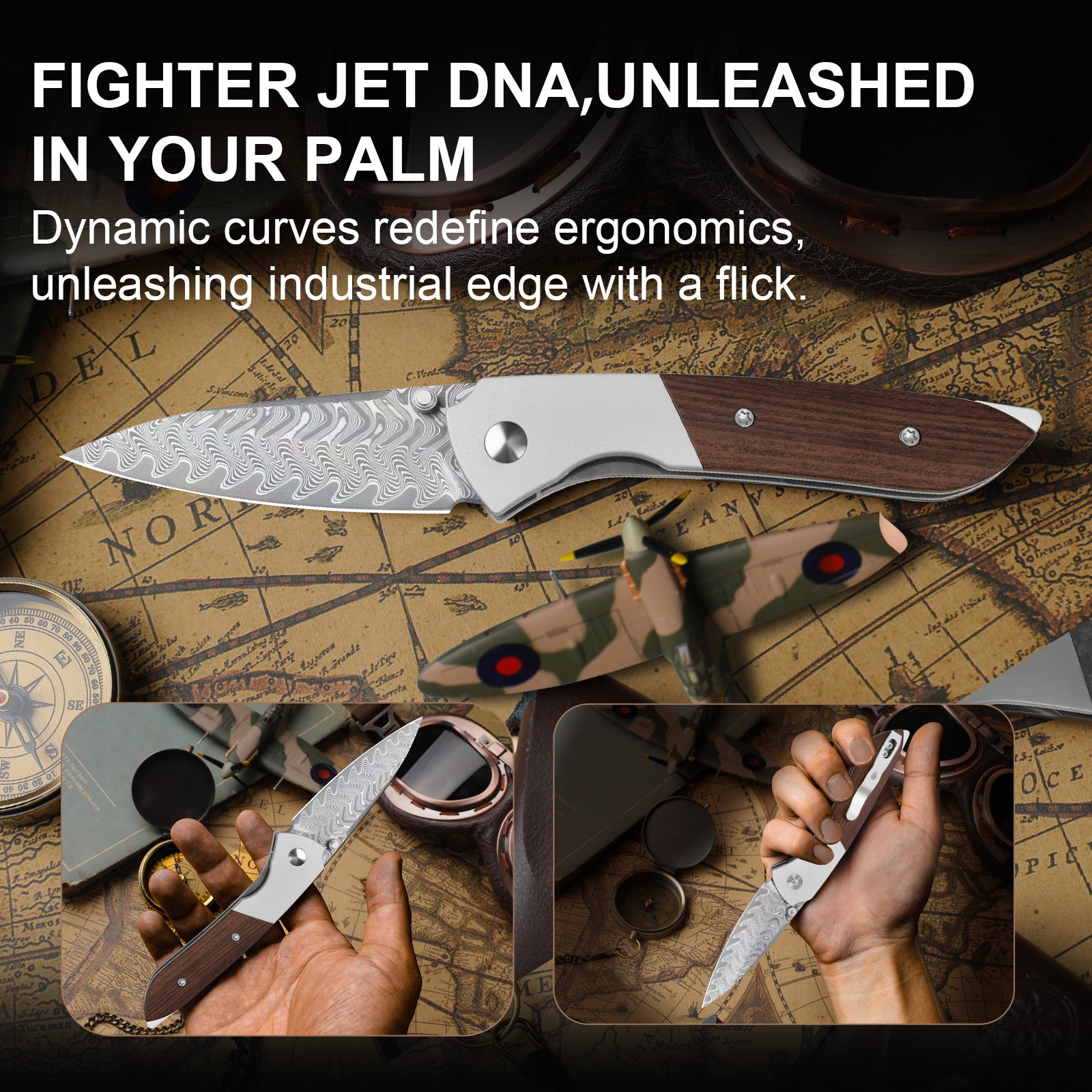 Spitfire | Vibrant Acid.Washed Finish | Damascus Steel | Aluminum & Mkuruti Wood | KizerV™ 3690A4