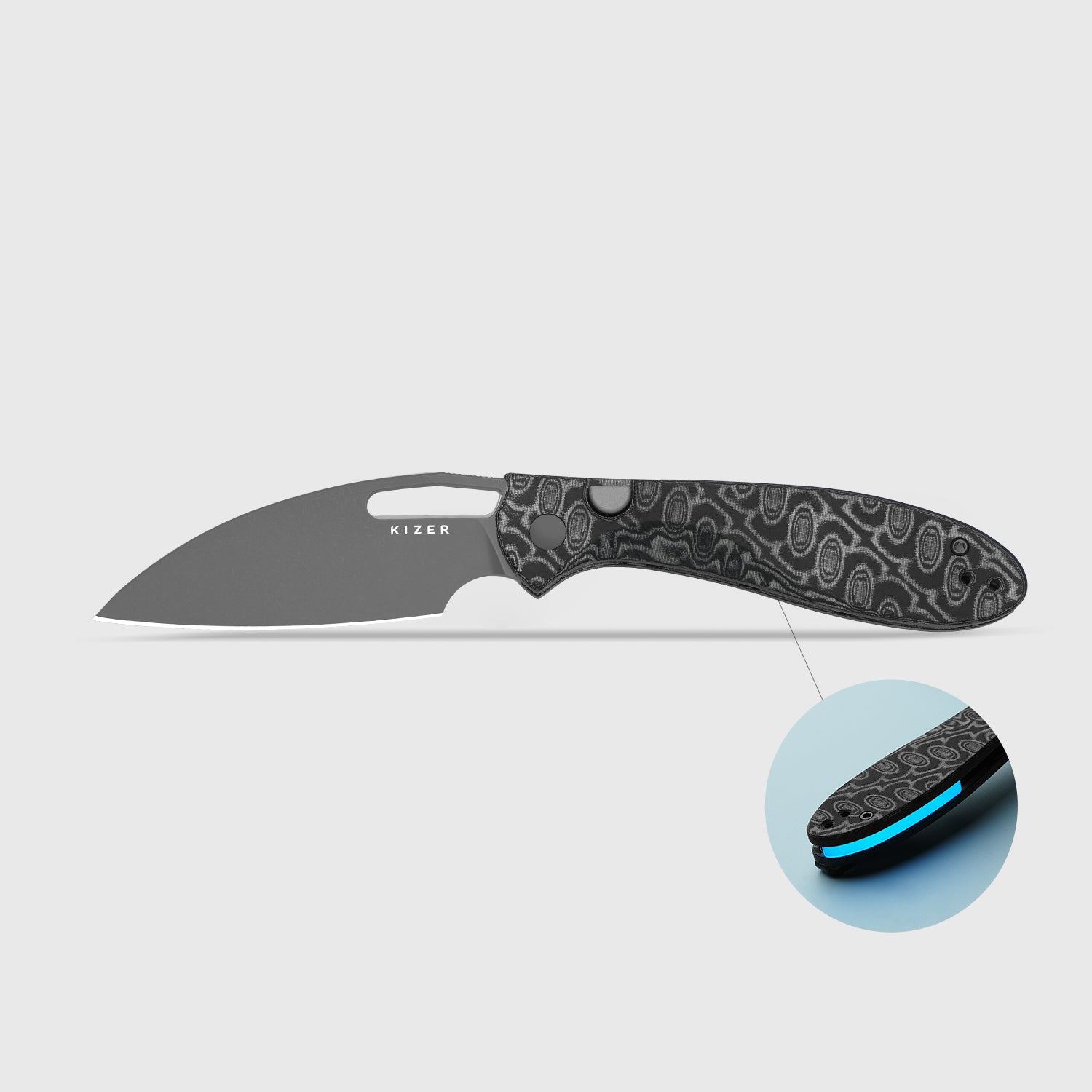Masu | Kizer Button Liner Lock™ | GID Blue G10 | 14C28N | Vortex Pattern Micarta | KizerV™ 3697A2
