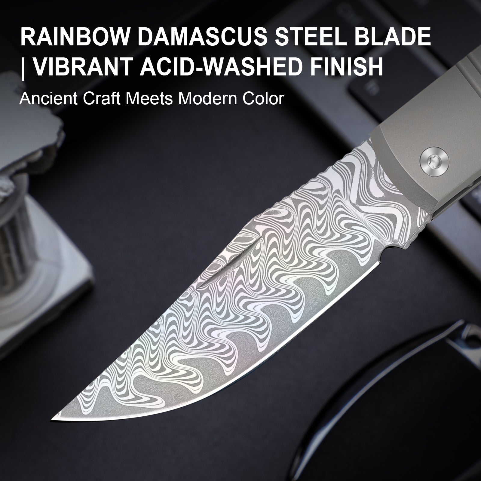 Trestle | Rainbow Damascus | Acid.washed | Titanium & Mkuruti Wood | KizerV™ 3761A3