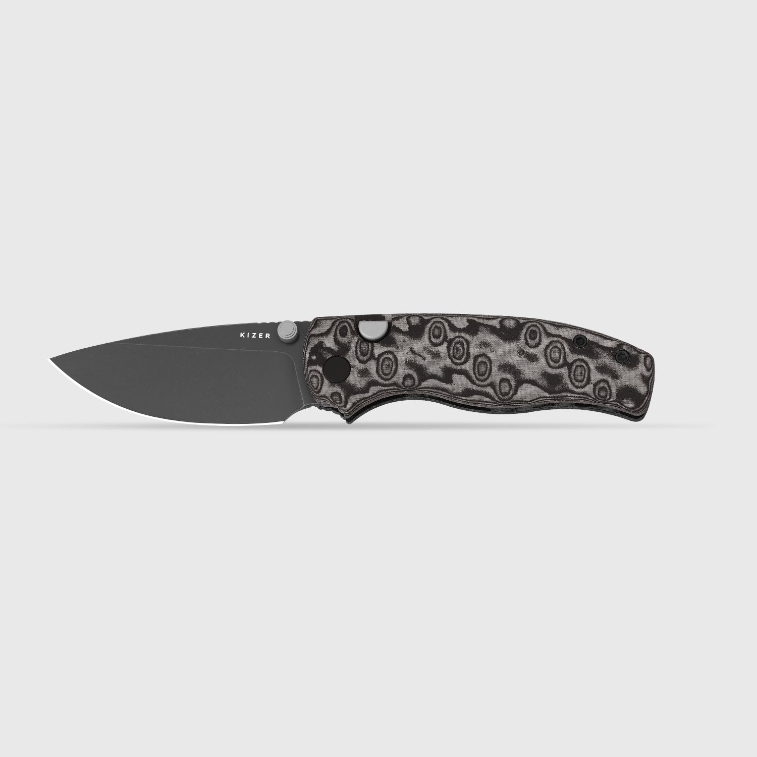 Glaux | Kizer Button Liner Lock™ | Vortex Pattern Micarta | Gray PVD Coating & Stonewashed | KizerV™ 3801A2